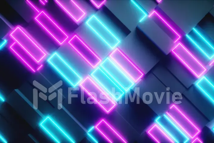 Bright abstract moving structure of rectangles with neon elements. Bright light. Modern orange blue color spectrum. 3d illustration