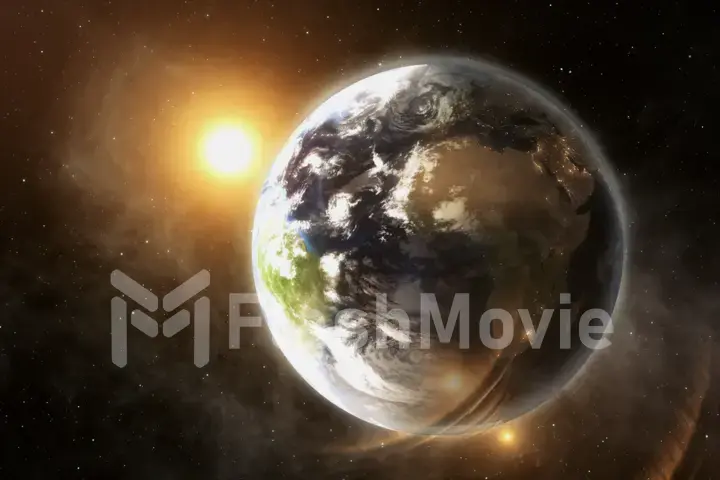 Our earth in cosmos and bright sun. 3d rendering