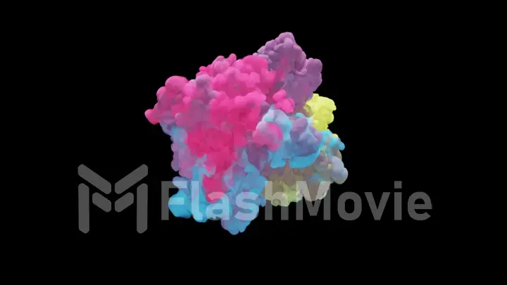 Several explosions of colorful multicolored smoke and powder. Colored smoke blended on a black isolated background 3d illustration