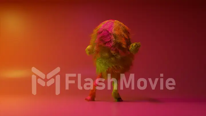 Cheerful colorful hairy cartoon dancing character, furry animal, having fun, furry mascot 3d illustration. Modern minimalist design. Flashing neon club light