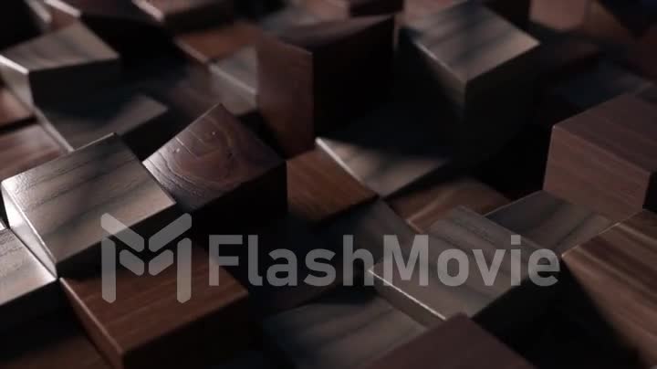 Abstract concept. Rectangular figures made of smooth dark wood move dynamically in random order. 3d animation