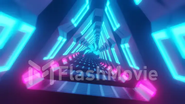 Flying through metallic glowing rotating neon triangles creating a tunnel, colorful spectrum, fluorescent ultraviolet light, modern colorful lighting, 3d illustration