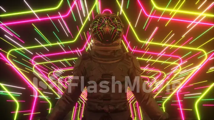 An endless neon tunnel of stars moves along the astronaut. Bright space concept. Reflections in the helmet. 3d illustration