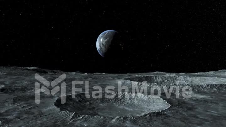 View of the planet Earth from the surface of the Moon. Airless space. Simulated drone flight. High quality 3d animation.