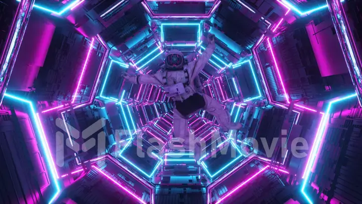 Astronaut falling in the corridor of a spaceship. Sci-Fi futuristic space tunnel VJ for titles and background. Neon light. 3d illustration