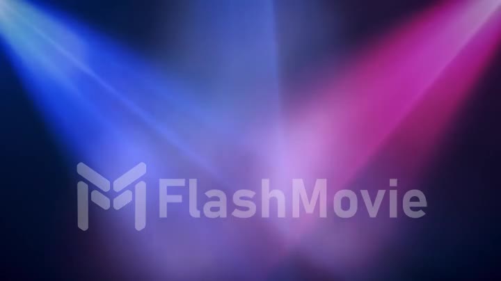 Bright colorful spotlights shine into the scene in smoke, concert background. Seamless loop animation