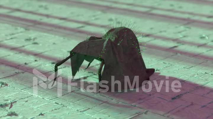 A scary hairy spider in a dark robe stalks the gray tiles. Green neon glowing dots. Disguise. 3d animation of seamless loop