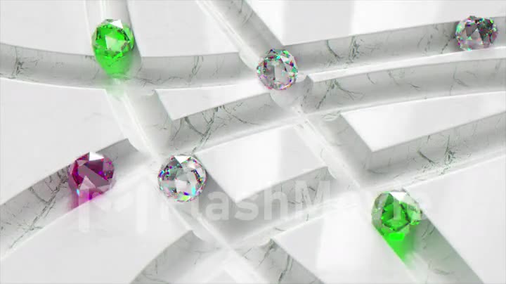 Colored diamond balls roll across the white marble labyrinth. Green, purple sphere. 3d animation of seamless loop
