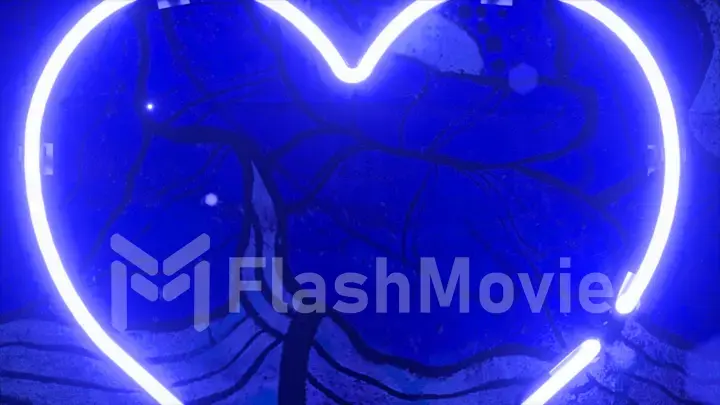 Blue neon heart flashes with neon light on the wall. Flower drawing on the wall. Valentine's Day. 3d illustration