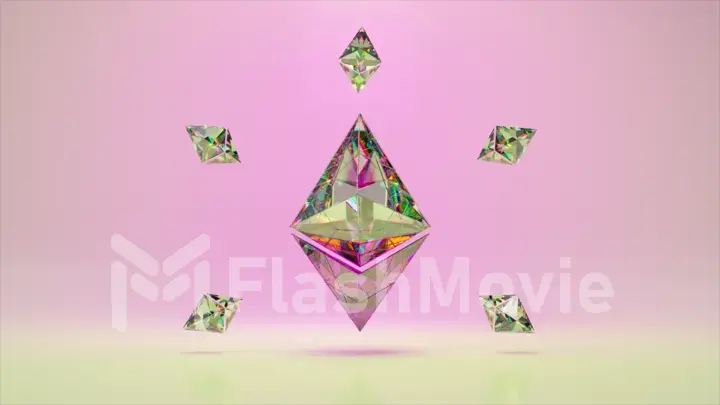 A large diamond Ethereum surrounded by small Ethereums. Logo. Cryptocurrency. pink background. 3d Illustration