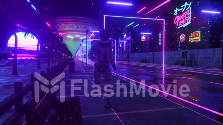 An astronaut runs down the street in a neon city. 80s background. Retro style. Futuristic concept. 3D animation of seamless loop