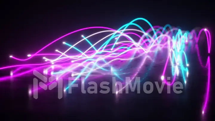 Spread of blue and violet neon fiber wires in space above the surface. The movement of the camera behind the wires. Dissemination and transmission of information in the digital world. 3d illustration