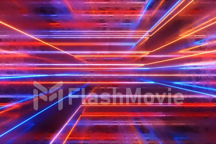 Abstract background, moving neon rays, luminous lines inside the metallic scratched room, fluorescent ultraviolet light, blue red spectrum, 3d illustration