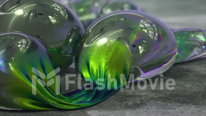 Abstract concept. Transparent iridescent live bubbles are inflated on a thin, shiny green metallic ribbon. 3d animation