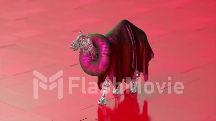 A beautiful diamond camel in a shiny cape walks on red tiles. Lifebuoy around the neck. 3d animation of seamless loop
