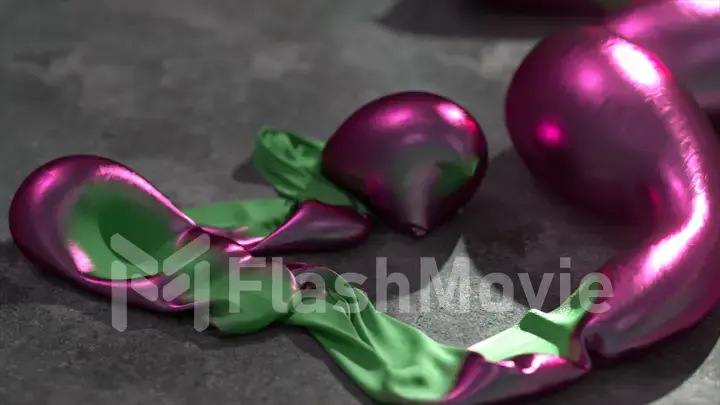 The concept of transformation. Large purple shiny metallic bubbles are inflated from a thin green strip. Advertising.