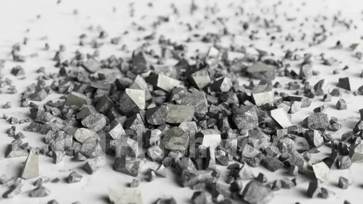 A cube of stone shatters into thousands of small pieces in slow motion. Destruction concept 3d illustration