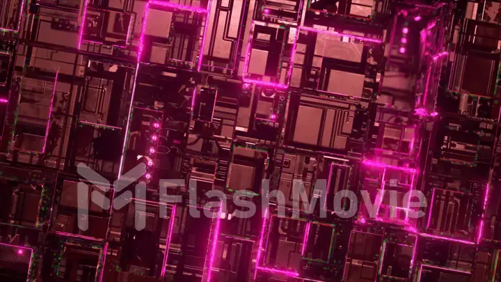 Futuristic technology concept. Dark sci fi looped background. Neon signals inside the microcircuit. Purple neon light