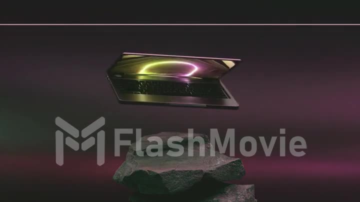 A flying laptop rotates over a pile of rocks. Pink dark color. Opens and closes. Neon splash screen. 3d animation