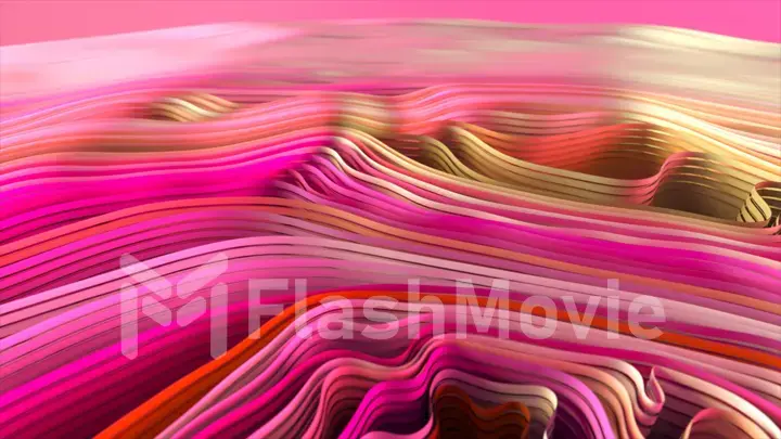 A beautiful pink fabric moves in the wind. Wave movements. Horizontal folds in the fabric. Corrugated fabric.