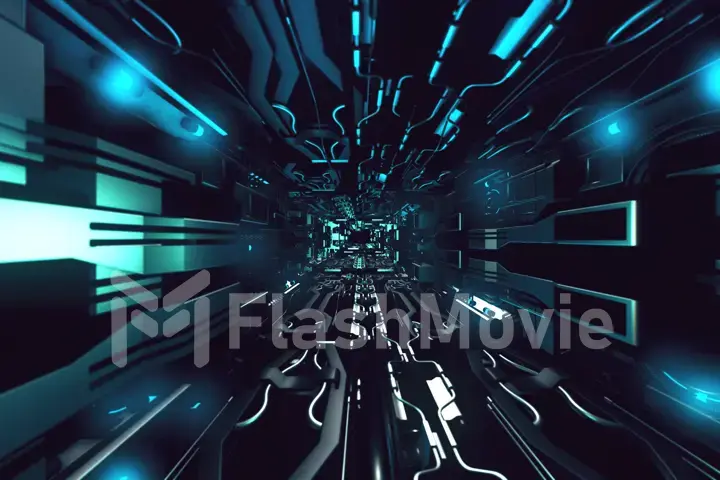 Fly inside of futuristic metallic corridor 3d rendering