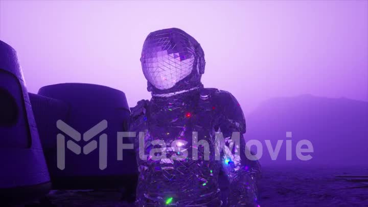 Cosmos concept. A diamond astronaut walks across Mars against the backdrop of a space base. Purple color. 3d animation