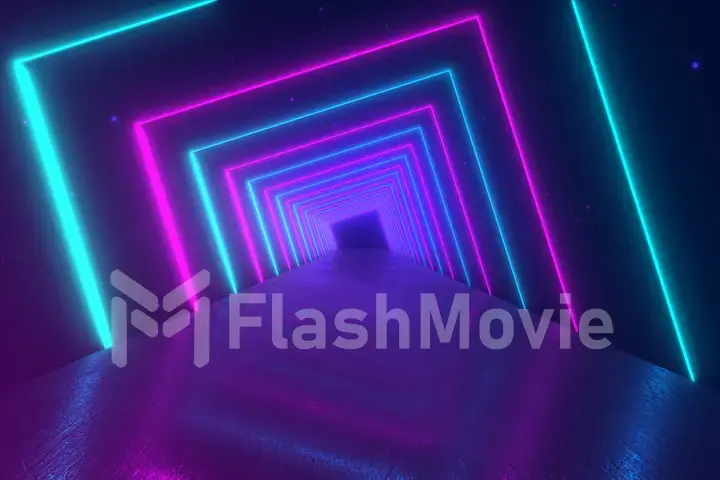 Abstract motion geometric background, glowing neon squares creating a rotating tunnel, blue pink purple spectrum, fluorescent ultraviolet light, modern colorful lighting, 3d illustration