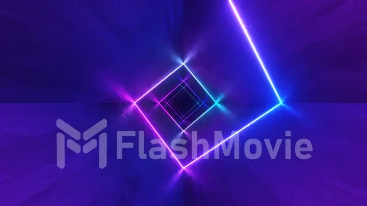 Endless flight in the corridor with a laser neon curve. Modern ultraviolet lighting. Blue purple light spectrum. 3d illustration