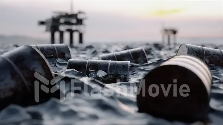 Oil concept. Embargo. Empty oil barrels float in a sea of oill against the backdrop of oil rigs. Ecological catastrophy