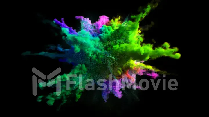 Explosion of colorful multicolored smoke and powder in slow motion against black background 3d illustration