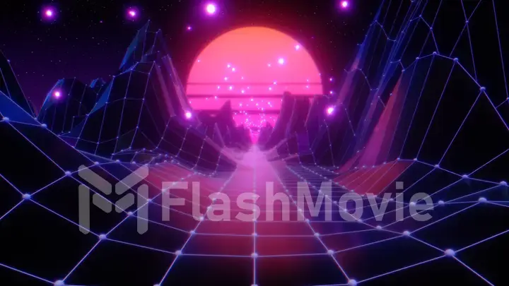 Retro futuristic flight in space with a polygonal mesh on the generated hills and floor. Concept 80s 90s. Fantastic abstract neon background. 3d illustration