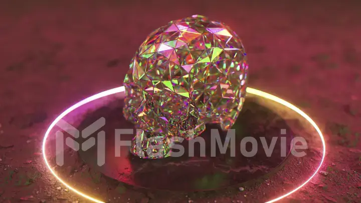 Halloween concept. The diamond skull stands on a black glossy platform with a neon circle. Red pink green color.