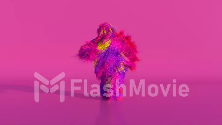 Cheerful colorful hairy cartoon dancing character, furry animal, having fun, furry mascot animation. Modern minimalist design. 3d illustration