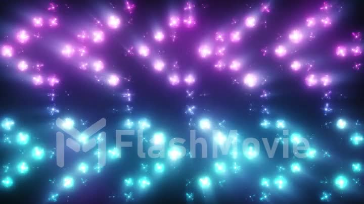 Bright spotlight blue and violet fluorescent color. Modern lighting. Flash on the wall VJ Stage 4K Seamless loop animation. Flashing lights lamps in the arrow in the style of disco.