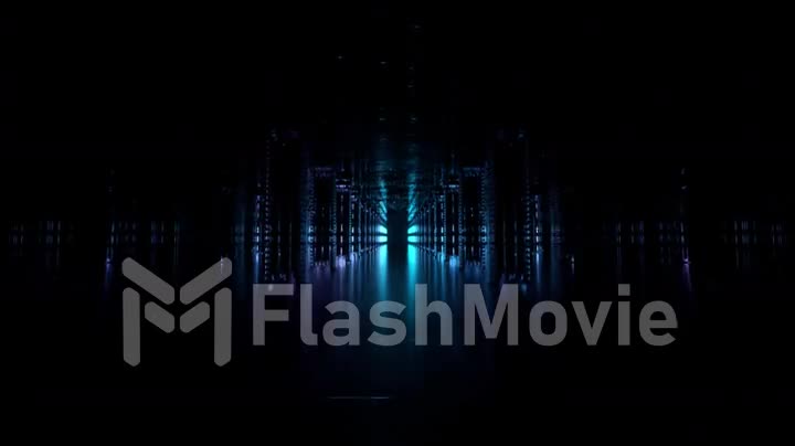 A long futuristic corridor with a technological interior. Neon light moving rapidly from the end of the tunnel. Sci fi room. Seamless loop 3d animation