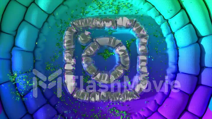 Abstract concept. The colored Instagram logo is inflated on a colored smooth surface. Blue green color. 3d animation.