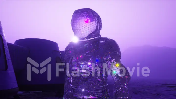 Cosmos concept. A diamond astronaut walks across against the backdrop of a space base. Purple color. 3d Illustration