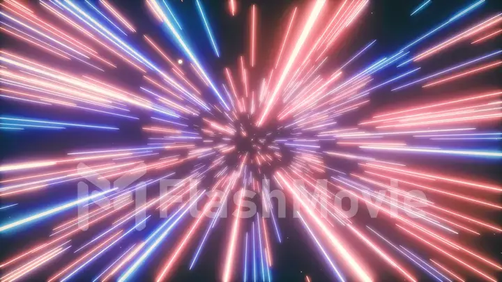 3d illustration of abstract creative cosmic background. Hyper jump into another galaxy. Speed of light, neon glowing rays in motion. Beautiful fireworks, colorful explosion, big bang.