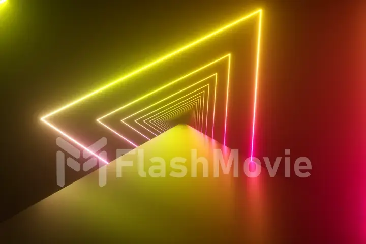 Flying through glowing rotating neon triangles creating a tunnel, blue red pink violet spectrum, fluorescent ultraviolet light, modern colorful lighting, 3d illustration