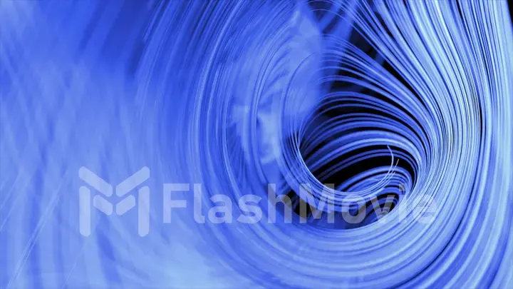 Abstract concept. Many blue neon thin lines draw swirling patterns against a dark background. Frost.