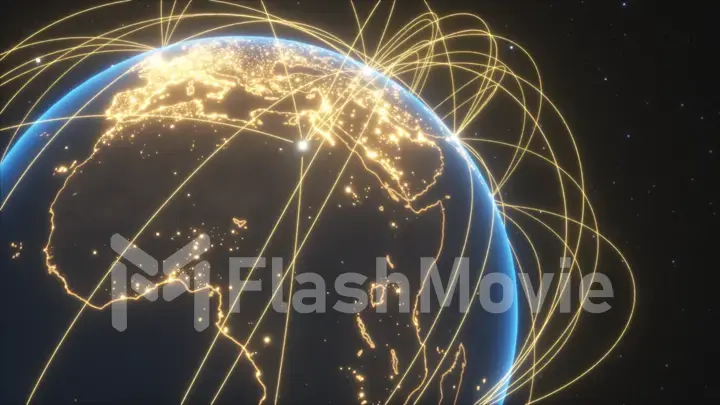 World connections with city lights. Blue. Earth globe. Spinning Earth with light lines growing from major cities all over the world. 3d illustration
