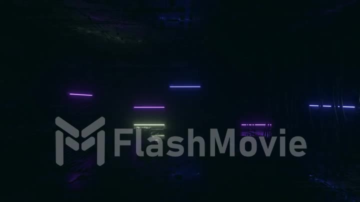 Neon background. Purple and blue neon background appears and disappears. Bright vibrant neon background. Technological space. Room. 3d animation
