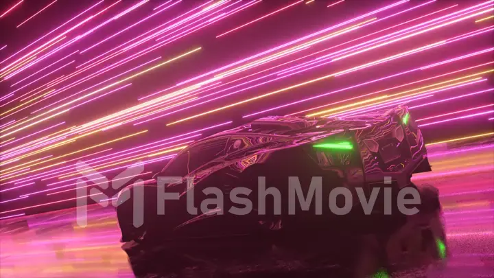 Futuristic concept. Sports car on the background of glowing neon lines. Pink purple color. 3d Illustration