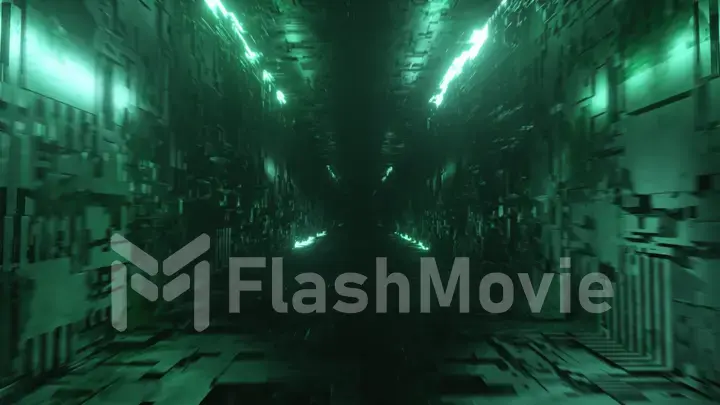 Endless flight in a futuristic metal corridor with neon lighting. Technology and future concept. Modern green light spectrum 3d illustration