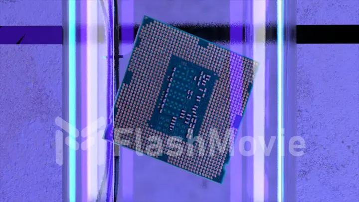 AI concept. The microchip rotates above the floor. Blue neon light. Close-up. Computer. 3d illustration