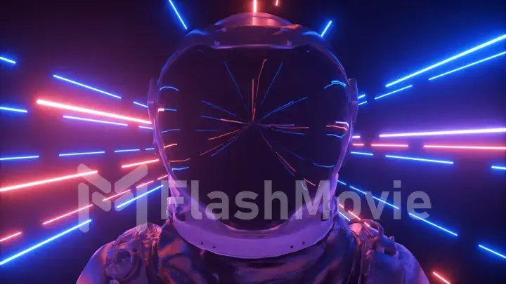Astronaut in neon space close-up. Bright rays of neon fly by. 3d illustration