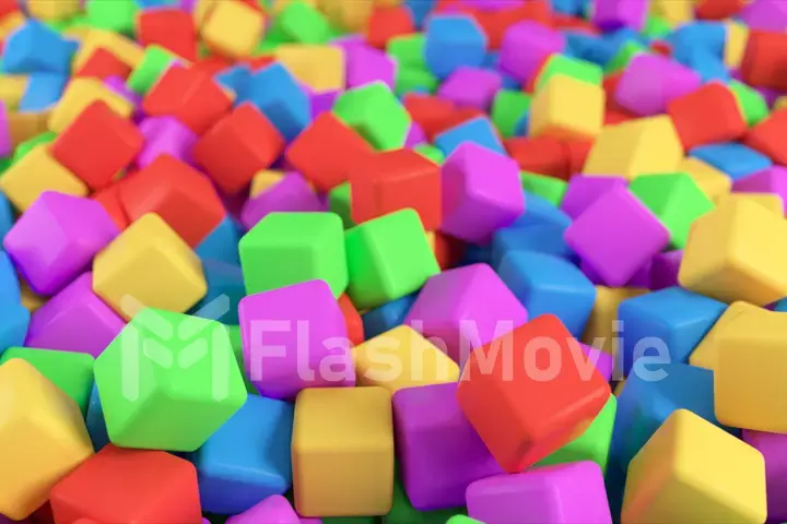 Colorful 3D illustration from a pile of abstract multicolored cubes rolling and falling from top to bottom.
