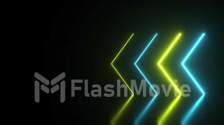 Flashing bright neon arrows light up and go out indicating the direction on the reflective floor. Abstract background, laser show. Ultraviolet neon blue yellow light spectrum. Seamless loop 3d render