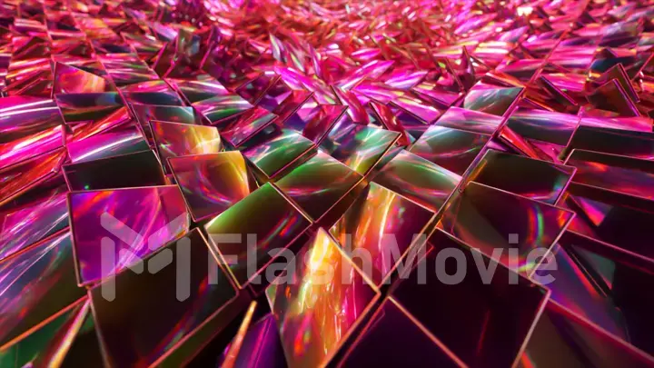 Abstract background of reflective holographic cubes creating a wave surface. Modern neon lighting, trendy background. 3d illustration