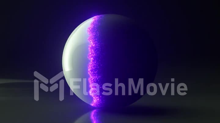 The glossy white sphere changes its shell. White black sphere. Purple neon discharge burns the shell of the sphere